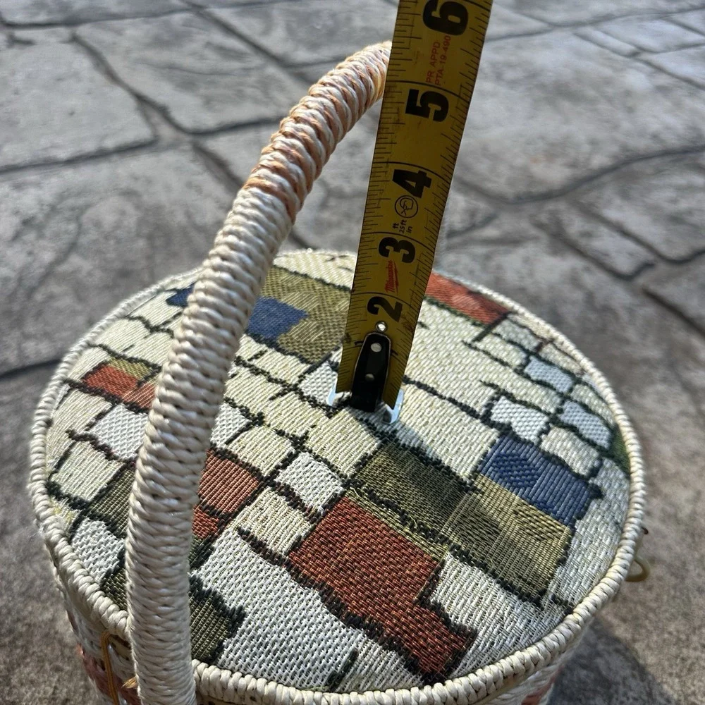 Vintage Wicker Sewing Basket Orange Satin Liner Japan Handle Woven Tapestry Lid